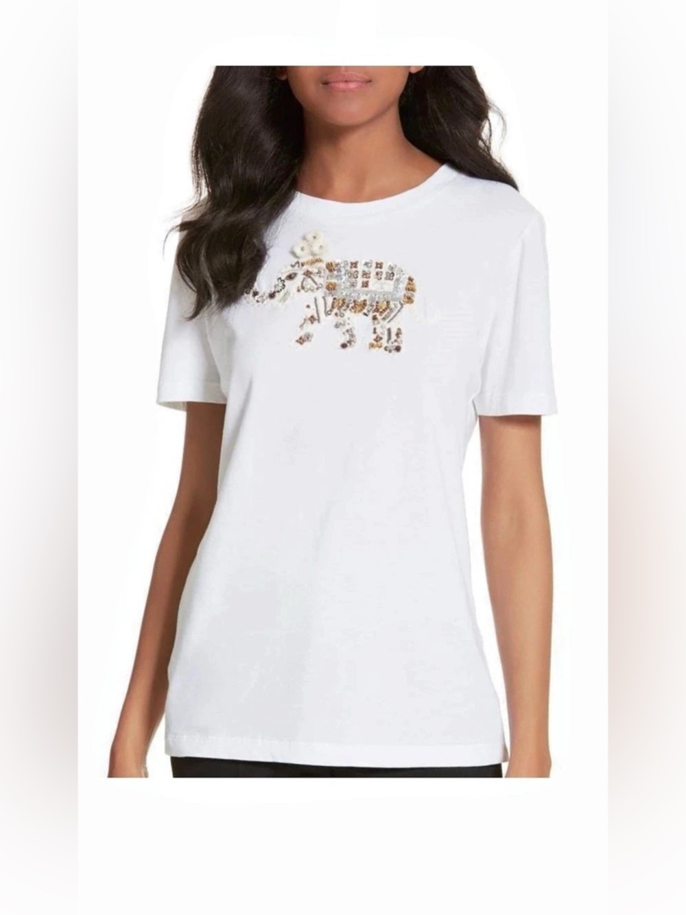 Tory Burch Women’s Dahlia Embellished Elephant T-Shirt Top Sequin Medium M White